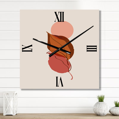 Deux feuilles d'automne tombant sous une pleine lune rouge - horloge murale moderne