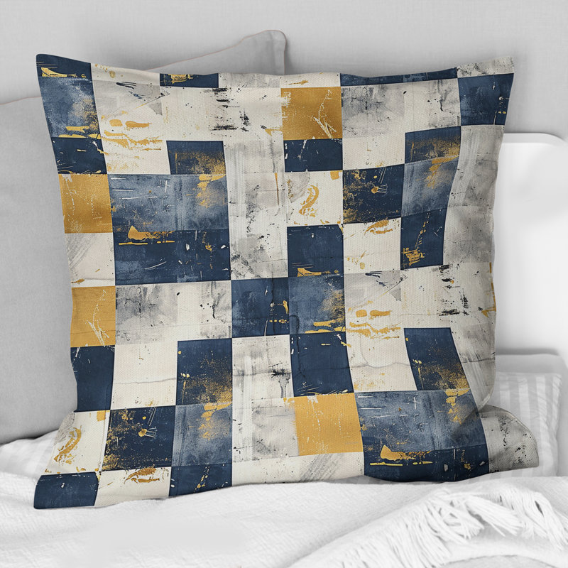 Coussin Mid-Century Gingham I - Mid-Century Blue Gold, H 16 po x l 16 po