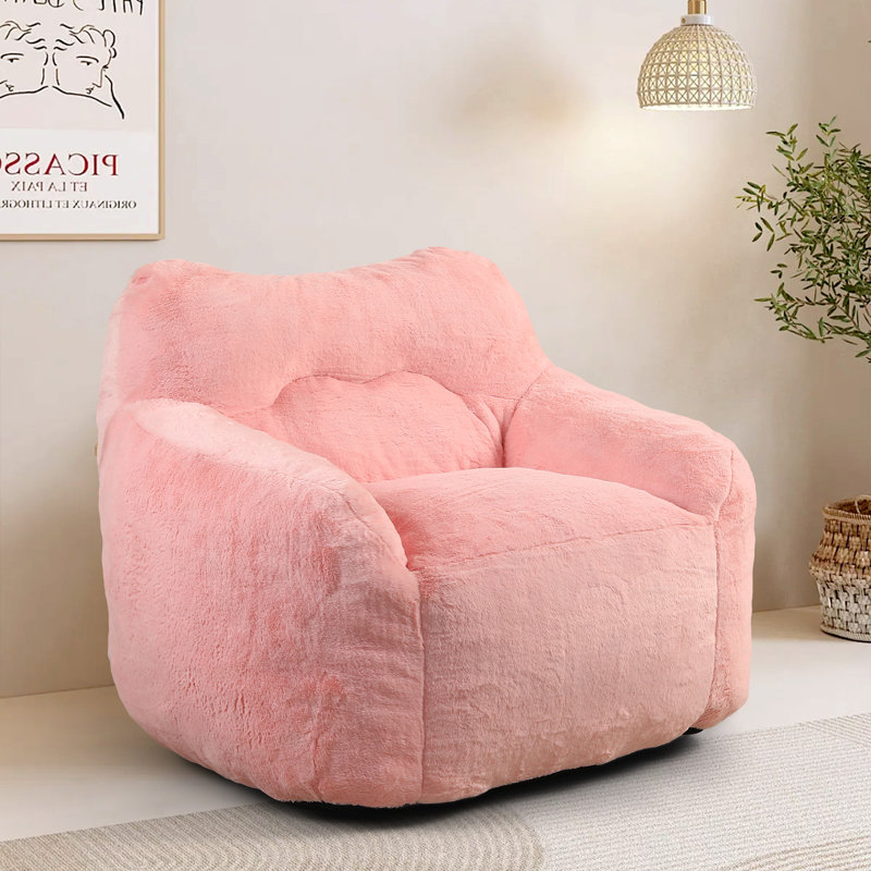 Compression Large Velvet Fabric Heart-Shaped Bean Bag Chair, Pink Faux Fur
