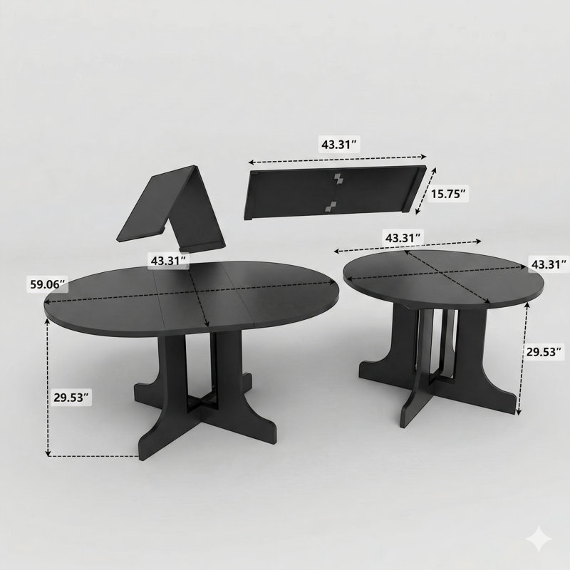 Expandable Oval Dining Table For Farmhouse Kitchen 59X43 Inches With Removable Insert Panel And Trestle X-Shaped Base, Black Finish