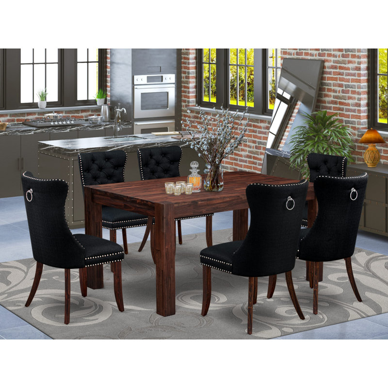 Ensemble de table de cuisine 7 pièces comprenant une table de salle à manger rectangulaire en bois rustique et 6 chaises rembourrées en tissu de polyester, 36 x 60 pouces, jacobin vieilli