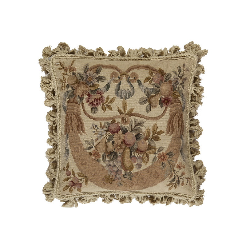 Needlepoint Fringed Reversible Throw Pillow, Square 16", Cream Floral