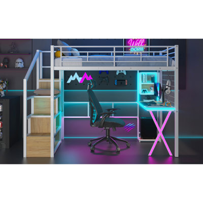 Metal Loft Bed With Led , Wardrobe, Storage & Desk - Make Your Bedroom More Attractive And Functional Full Workstation, Storage, Wardrobe Save Space In