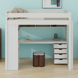Lit mezzanine, bureau en forme de L avec 4 tiroirs et bande lumineuse à DEL