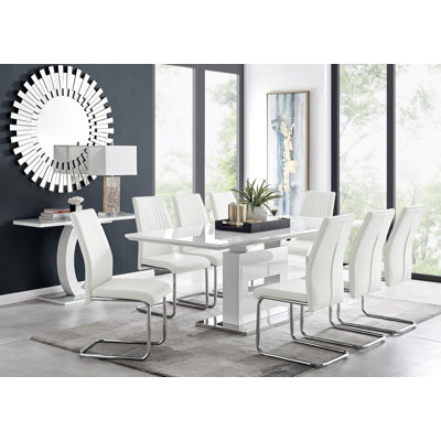 Ensemble de table de salle à manger extensible haute brillance Areza avec 8 chaises de salle à manger en similicuir de luxe