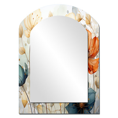 «Teal Orange Petal Mosaics I», miroir mural décoratif arqué Botanicals, miroir asymétrique moderne, impression d'art en métal
