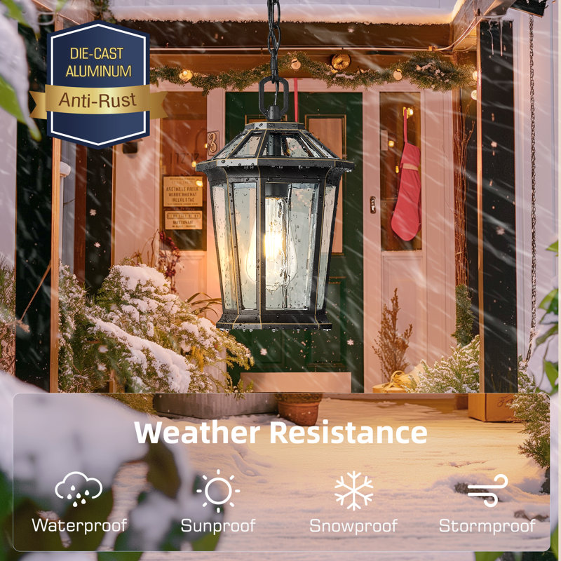 Black Outdoor Hanging Lantern with Clear Tempered Glass