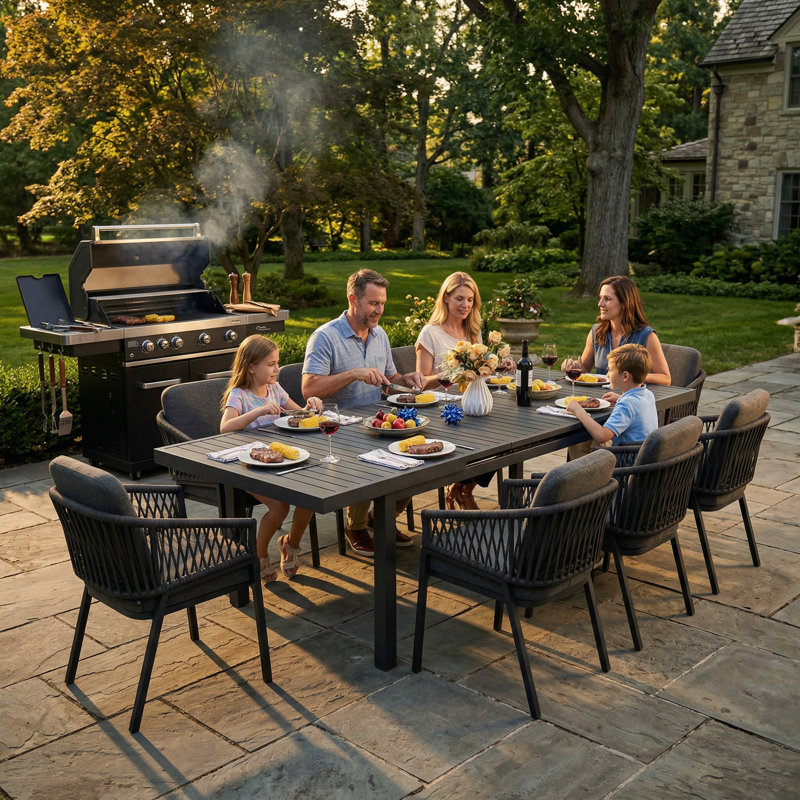 9-piece Modern Outdoor Expandable Dining Set With All-weather Rope Chairs