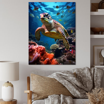 " Green Blue Marine Animals Turtle Encounter II " Mixed Media Print