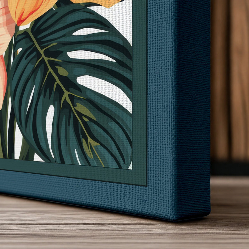Hibiscus Cluster Botanical - Wrapped Canvas, 36x24 - 91.4 x 61.0 cm, Teal Border