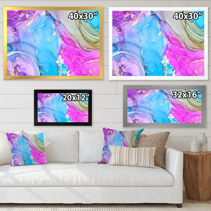 Turquoise et rose luxueux abstrait, peinture sur toile, H 30 po x l 40 po x P 1,5 po, Cadre noir