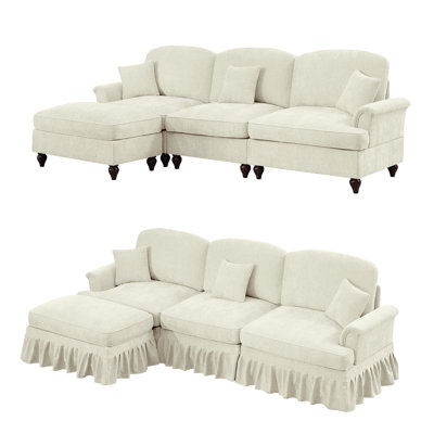 Mid Century Modular 3-Seater Sectional Sofa With Flared Arms, Removable Skirt & Movable Ottoman – Chenille Fabric Couch For Living Room