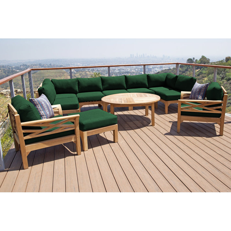 Monterey Teak Outdoor Seating Group with Cushions, Forest Green, 6 Pcs:  Sectional,2Chair,Cushion,Table,Ottoman