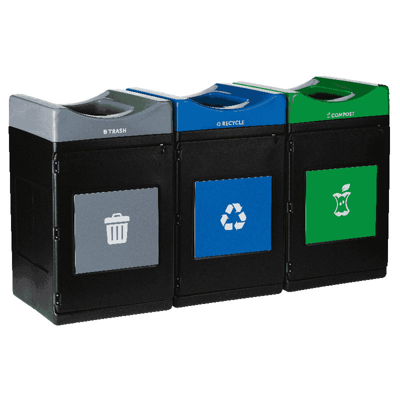 Centre de poubelle, de recyclage et de compost à 3 jets Commercial Zone Avante, poubelle de 1 à 55 gallons, unités de recyclage et compost à toit ouvert de 30 gallons, doublures incluses 