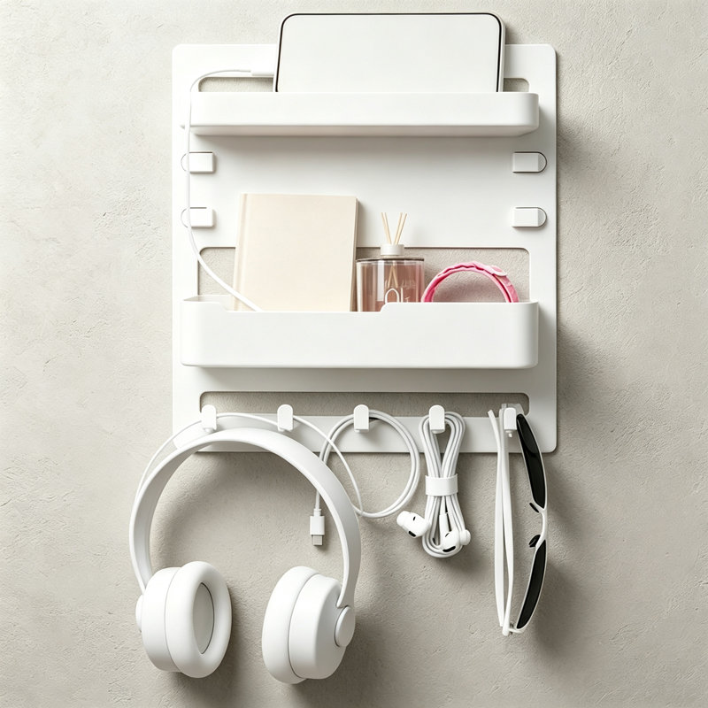 Adhesive Wall Bedside Shelf with Hooks