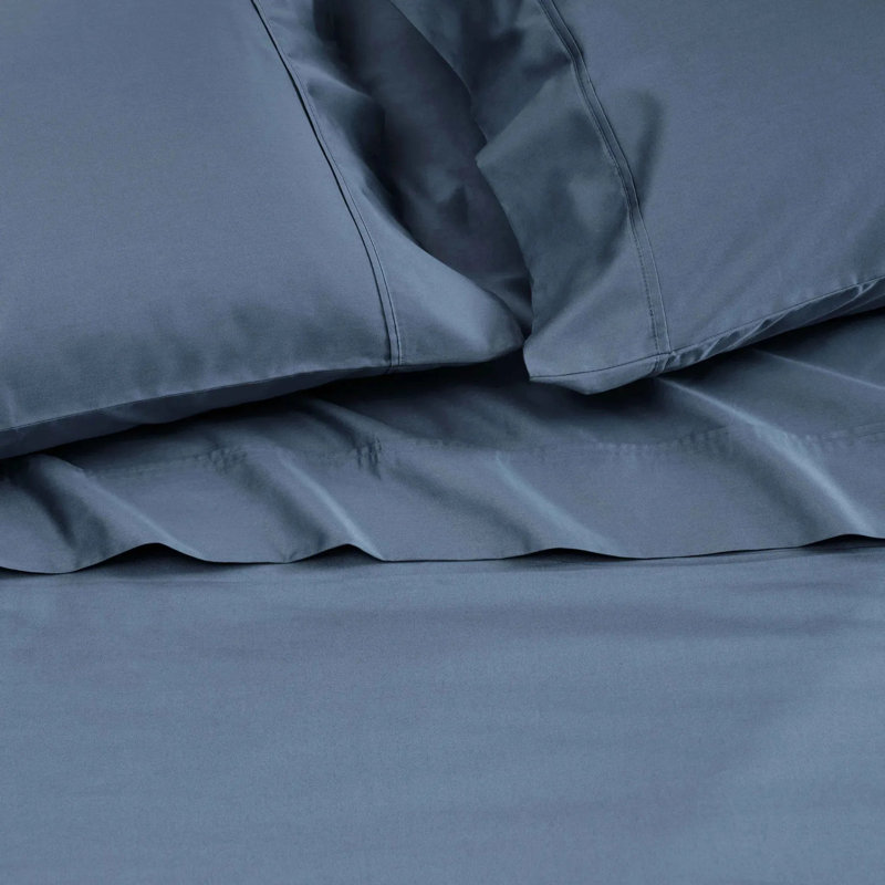 Ensemble de draps en satin de coton Blue Nile Mills - Literie à poches profondes, Lit simple, Bleu denim