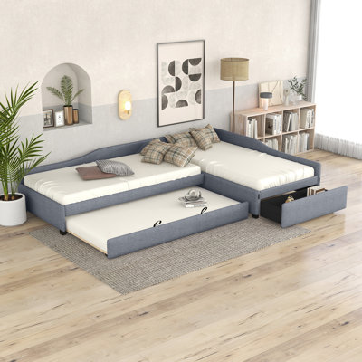 Upholstered Linen Blend Daybed with Trundle Bed