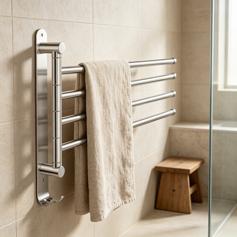 Swivel Towel Rack, Wall Mounted 4-Arm Towel Bar with Hook, SUS304 Stainless Steel, Rustproof Swing Out Towel Hanger for Bathroom Kitchen
