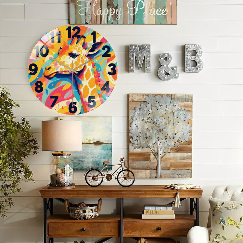 Giraffe Wall Clock Colourful Artistic Design Home Decor Art - 12'' Modern Glass Wall Clock
