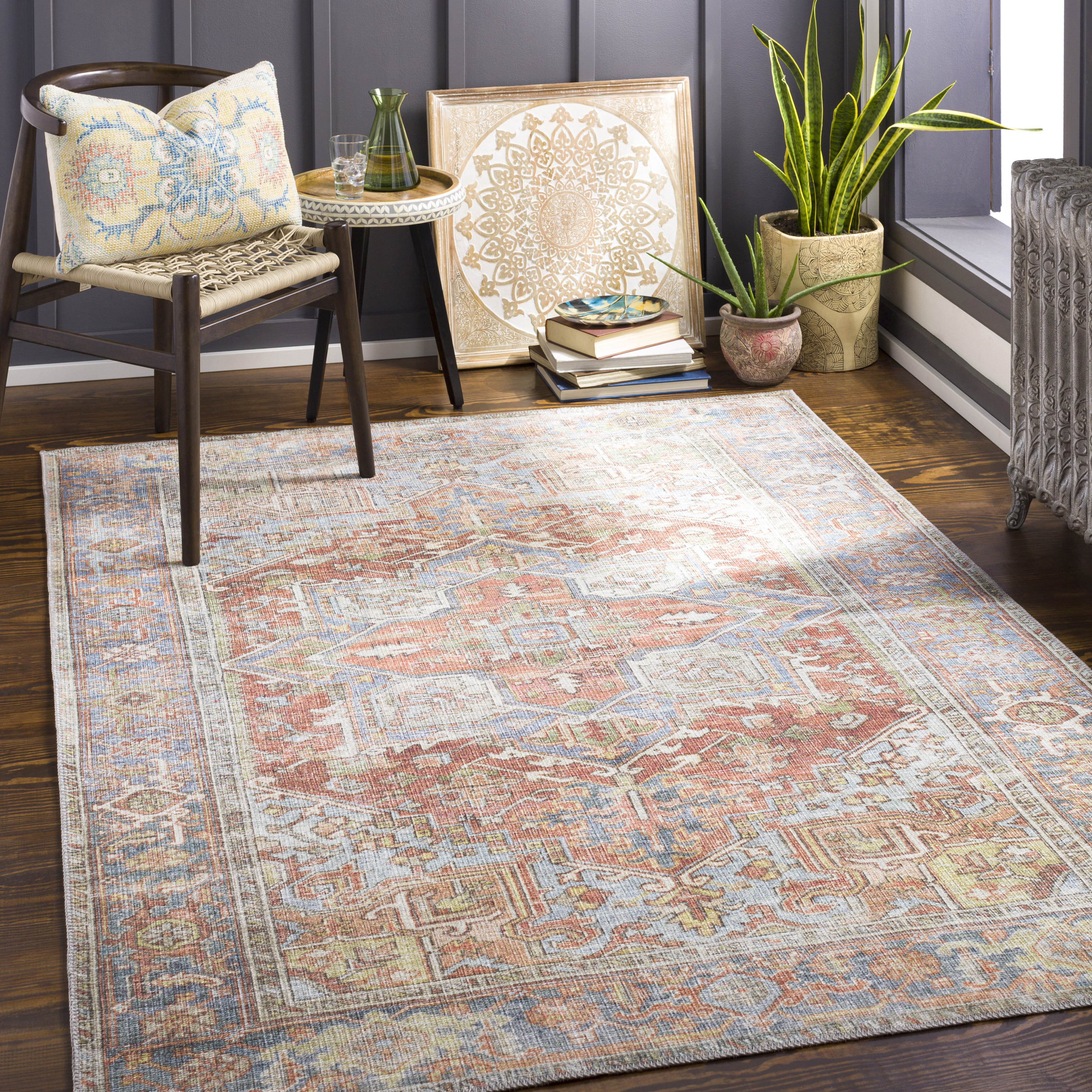 Chavarria Machine Washable Oriental Brown/Brick Red Area Rug