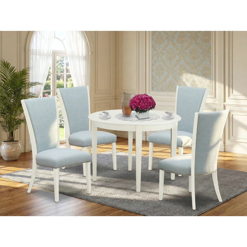5 Piece Modern Dining Table Set Includes a Round Kitchen Table and 4 Baby Blue Linen Fabric Upholstered Parson Chairs, 42x42 Inch, Linen White