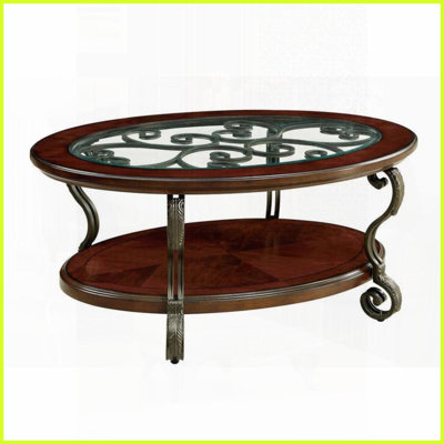 Table basse traditionnelle en cerisier brun avec pattes décoratives en métal Tablette inférieure ouverte pour le salon
