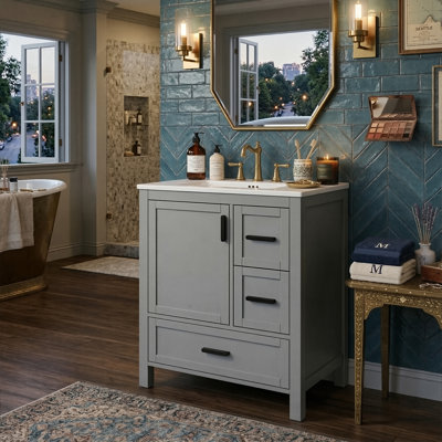 Meuble-lavabo moderne de 24 po avec lavabo, armoire en bois massif avec 3 tiroirs de tri et portes à fermeture en douceur, 4 couleurs