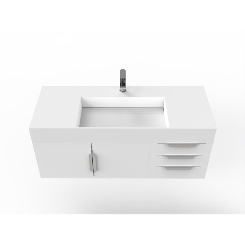 Meuble-lavabo mural simple 48 po avec comptoir à surface solide 48 po, Blanc, Blanc, Chrome