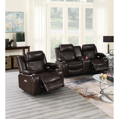 Salon contemporain 2 pièces: Power Motion et fauteuil inclinable avec port, réglable, tapis de recharge sans fil moderne avec brun, mouvement