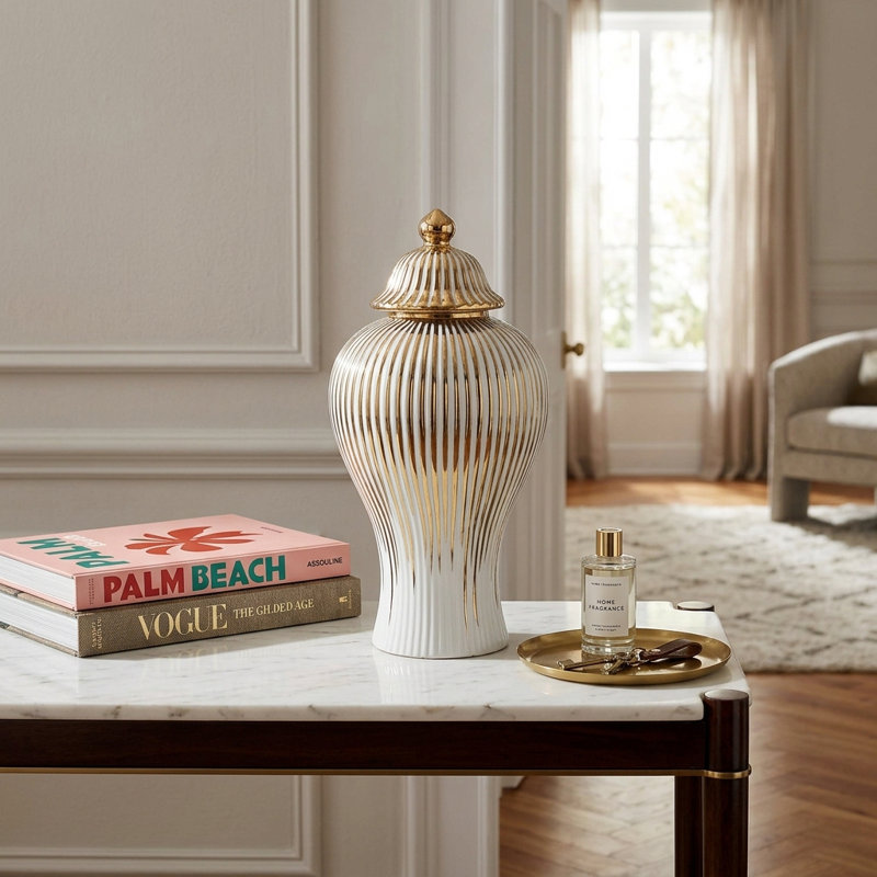 Gaida Luxury Metallic Gilded Stripe Decorative Urn – Small & Large, White/Gold, Large