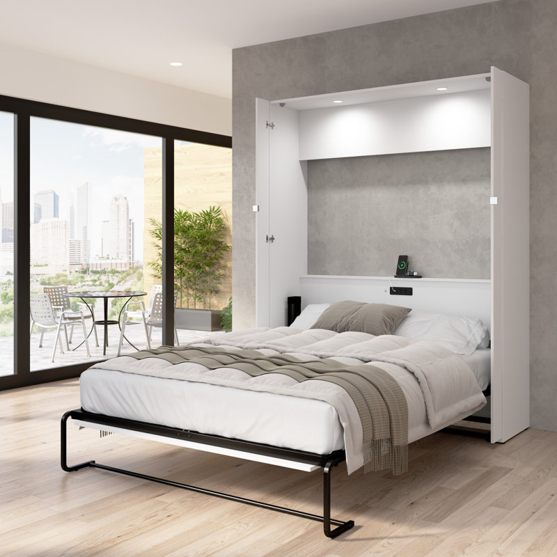Maile High-Gloss Scratch-Resistant Murphy Bed with LED Lights and Built-In Charging Station, Queen