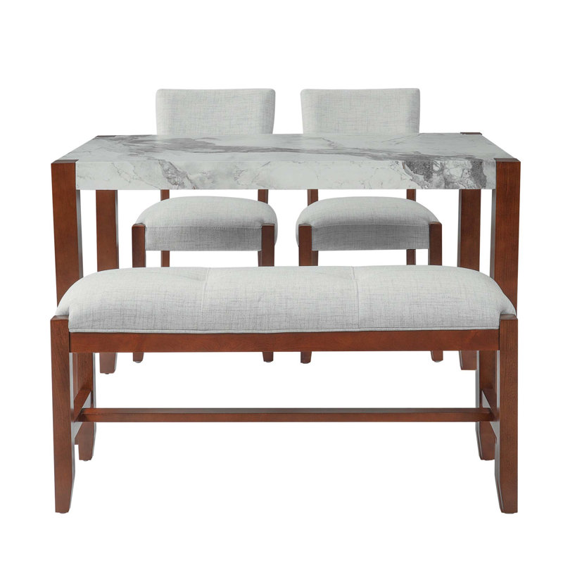 Ensemble de salle à manger 4 pièces, 1 table en marbre avec 2 chaises rembourrées et 1 banc avec pieds en bois d'hévéa massif