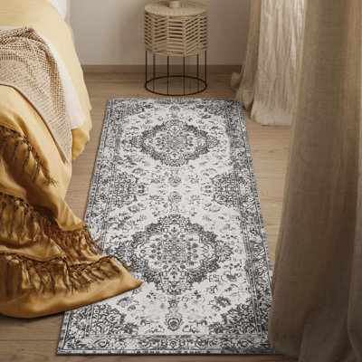 Tapis floral antidérapant lavable à la machine en gris / crème