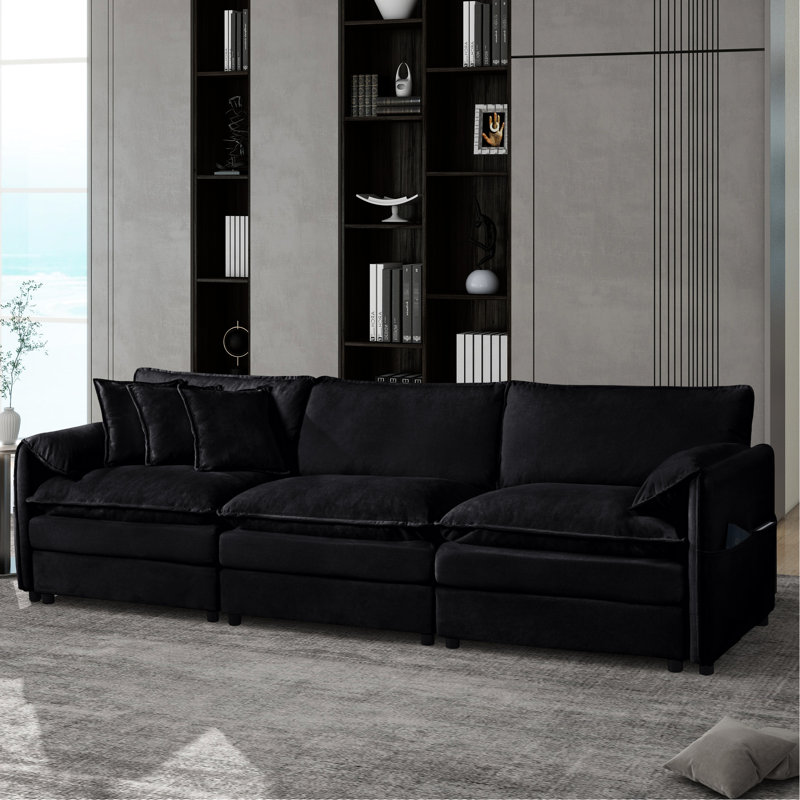 Canapé modulaire à assise profonde. 3 oreillers inclus. Revêtement en chenille. Sièges spacieux. Capacité de poids de 800 lb. Conception modulaire. Tracas - Configuration. Style Mid-Century moderne, noir. Extra pour la détente.