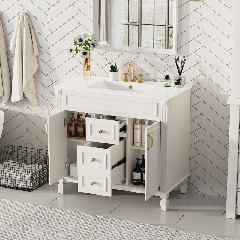 36'' Single Solid Wood Construction Bathroom Vanity With Sink, 2 Power Outlets, 1 Usb Port, And 1 Tybe C Port, White