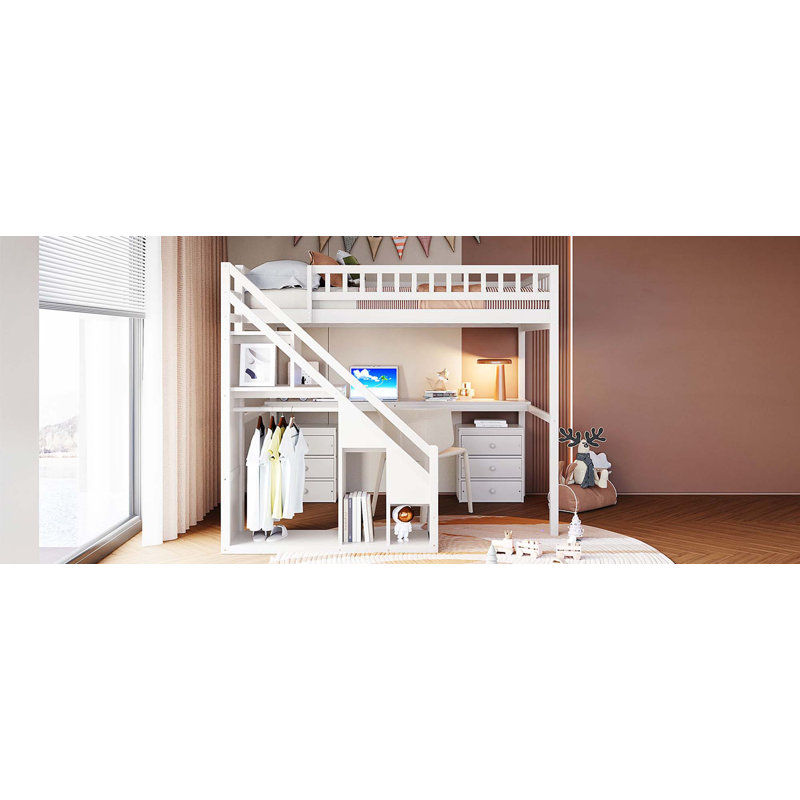 Lit mezzanine double avec commode, bureau et bande lumineuse, Blanc