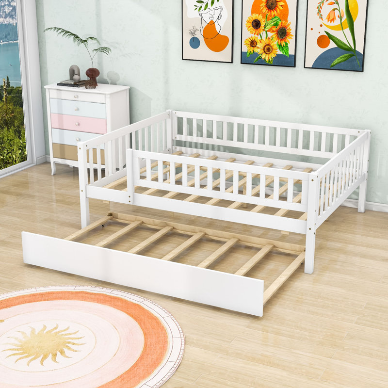 Wood Daybed with Twin Trundle and Guardrails, Full/Double, White