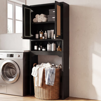 Armoire de rangement autoportante au-dessus de la toilette avec portes en rotin