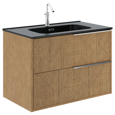 Meuble-lavabo mural simple cannelé 32 po Nora Geo avec plateau et poignées intégrés en céramique