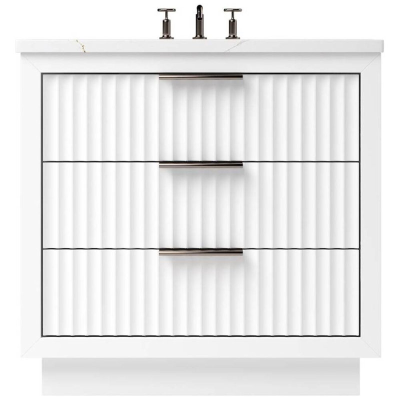 Lecrieú Three-Drawer Single Bath Vanity, Pure White, Champagne Bronze, 36"