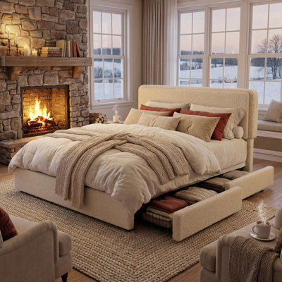 Queen Size Teddy Fleece Bed Frame, Upholstered Platform Bed with 2 Storage Drawers, Height Adjustable Cloud Headboard, Thick Soft Teddy Fabric Bed, Modern Style, No Box Spring Required, Cream