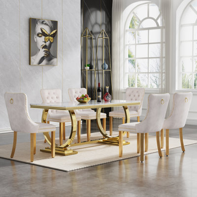 Luxury 68" Dining Table Set for, White Faux Marble Dining Table with Velvet Dining Chairs, Modern Kitchen Table and Chairs Set, Luxury Dining Table Set for Kitchen Dining