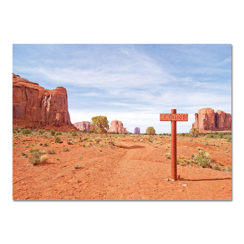 Monument Valley Road Closed by Giallobus - No Frame Print on Glass, 65cm H x 95cm W