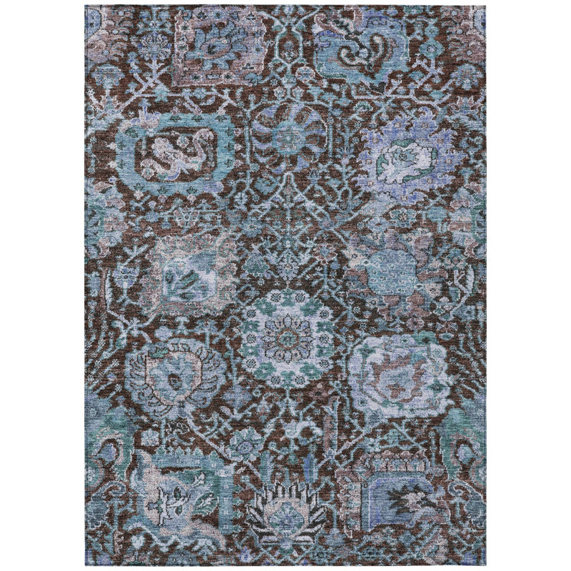 Tapis extérieur lavable et damassé 3 pi x 5 pi chocolat et turquoise