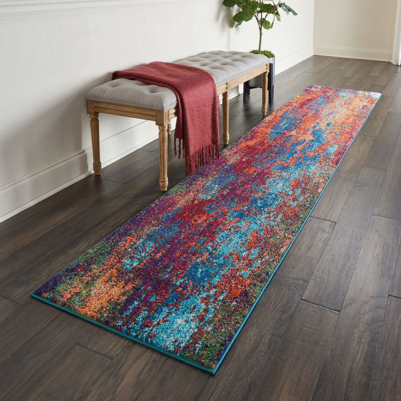 Tapis bleu / rouge à motif abstrait Velva, Tapis de couloir 2 pi 2 po x 7 pi 6 po
