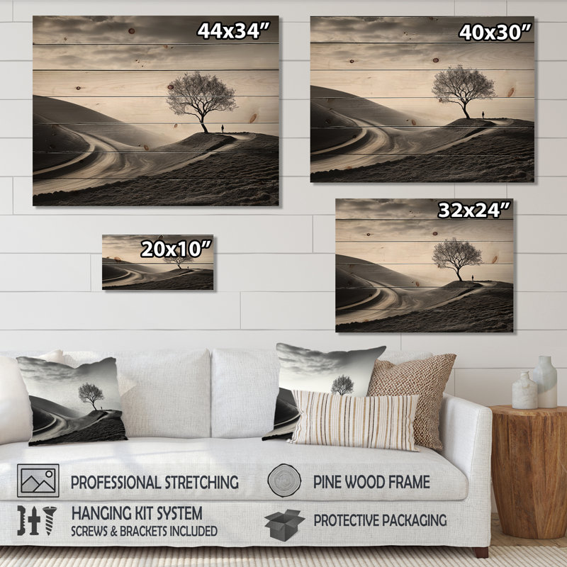 Photographie d'arbre de solitude en noir et blanc - Art mural sur bois de pin naturel, H 10 po x l 20 po