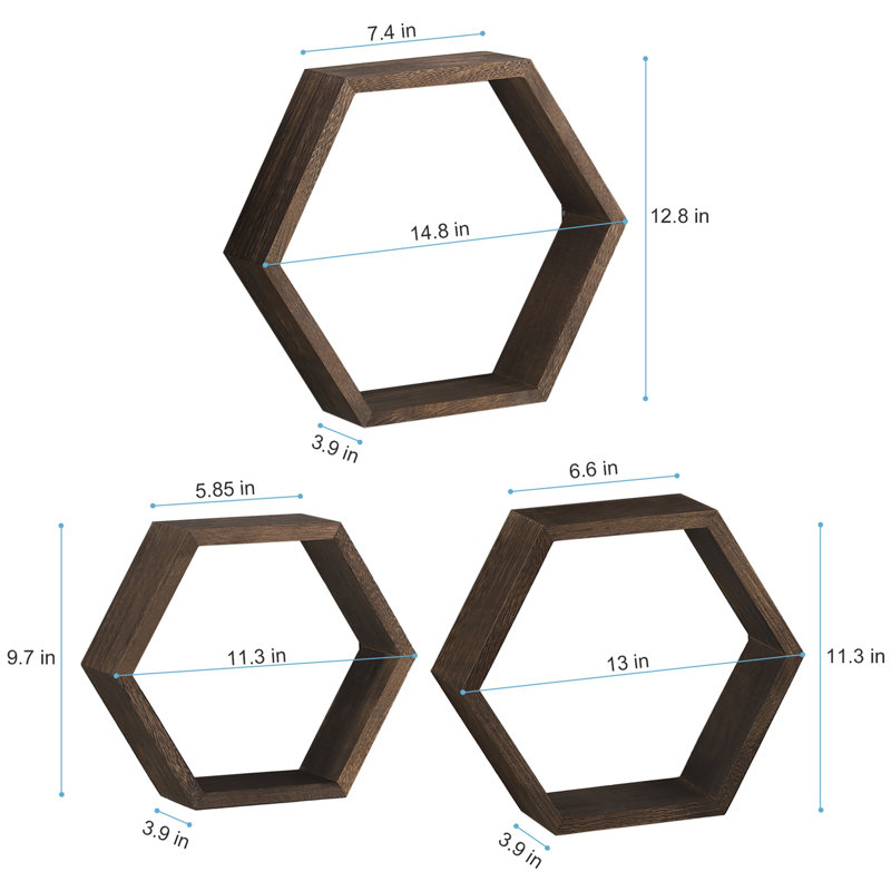 3 Piece Hexagon Solid Wood Floating Shelf, Brown
