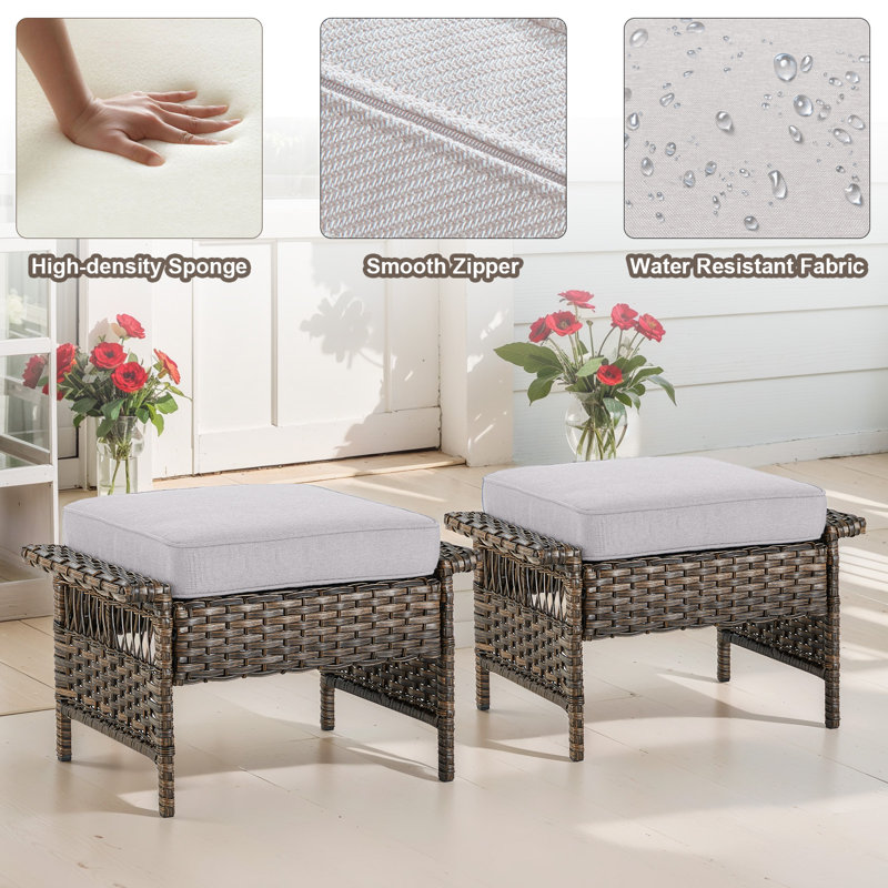 Repose-pieds d'extérieur en osier avec coussins Anferney (ensemble de 2), Beige, Brun