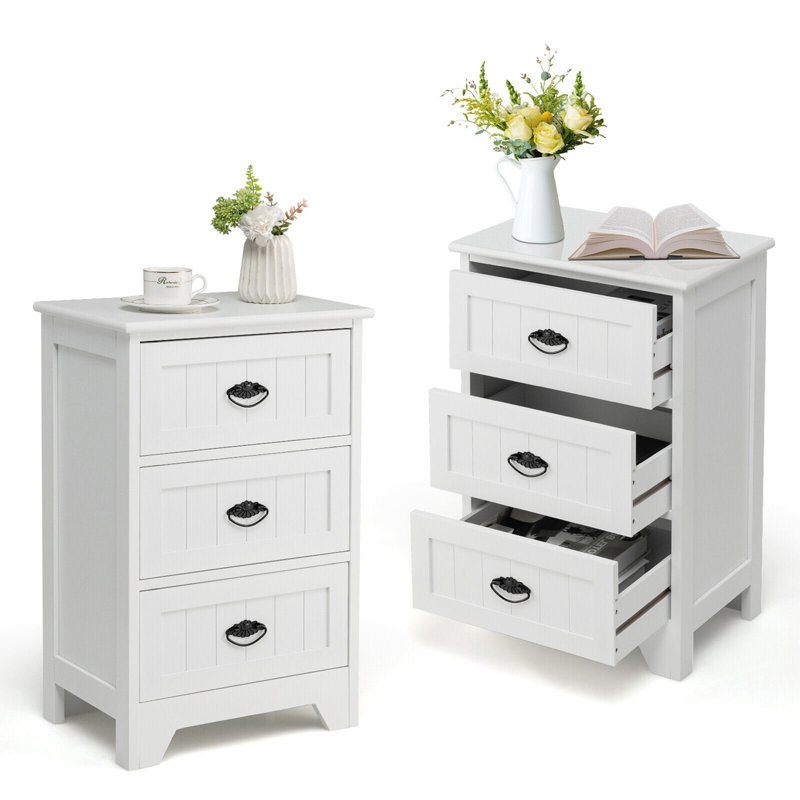 2 PCS 3 Drawers Nightstand End Table Bedroom Storage Wood Side Bedside, 2, White