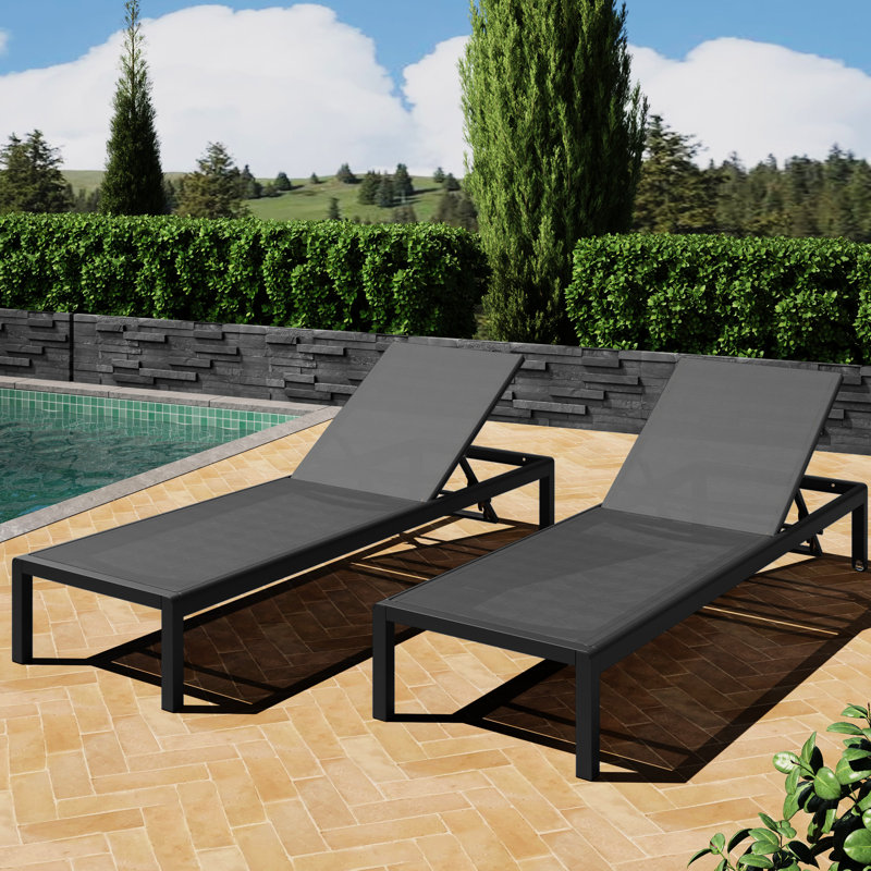 Comfortable Poolside Loungers (2) - Breathable Mesh, Rust- Aluminum, Adjustable Back, Portable, Black + Gray 2 Outdoor Lounge Rust-